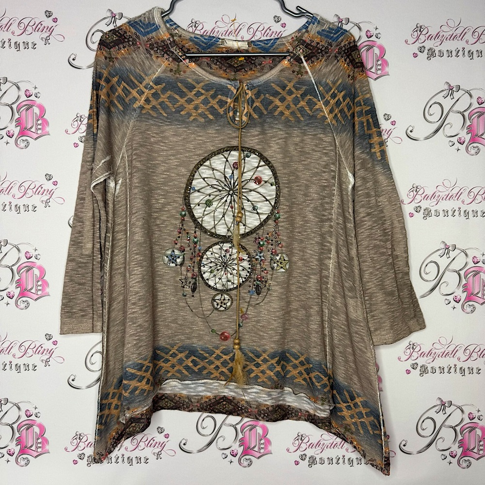 Italy shirt dream catcher feathers beaded bling crystals lightweight sweater top